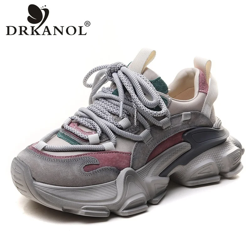 DRKANOL 2026 Fashion Women Casual Sneakers Mixed Colors Genuine Cow Leather Lace-Up Dad Shoes Thick Sole Chunky Platform Shoes