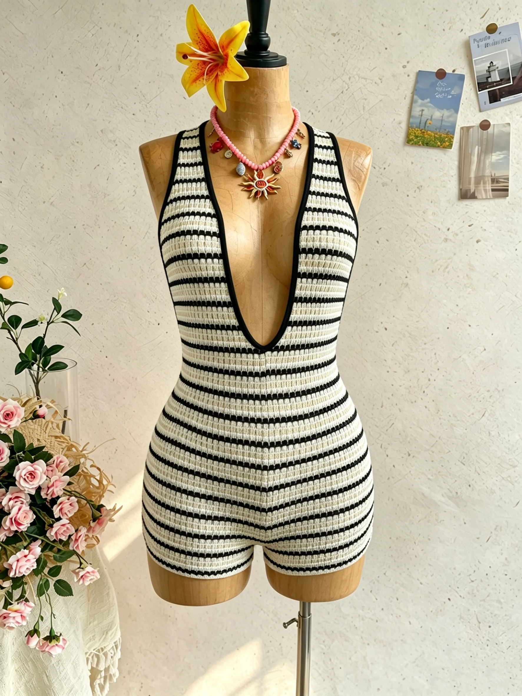 

Women's vacation striped knitted textured wave fabric deep V-neck backless jumpsuit, stylish fit, suitable for daily, casual, da