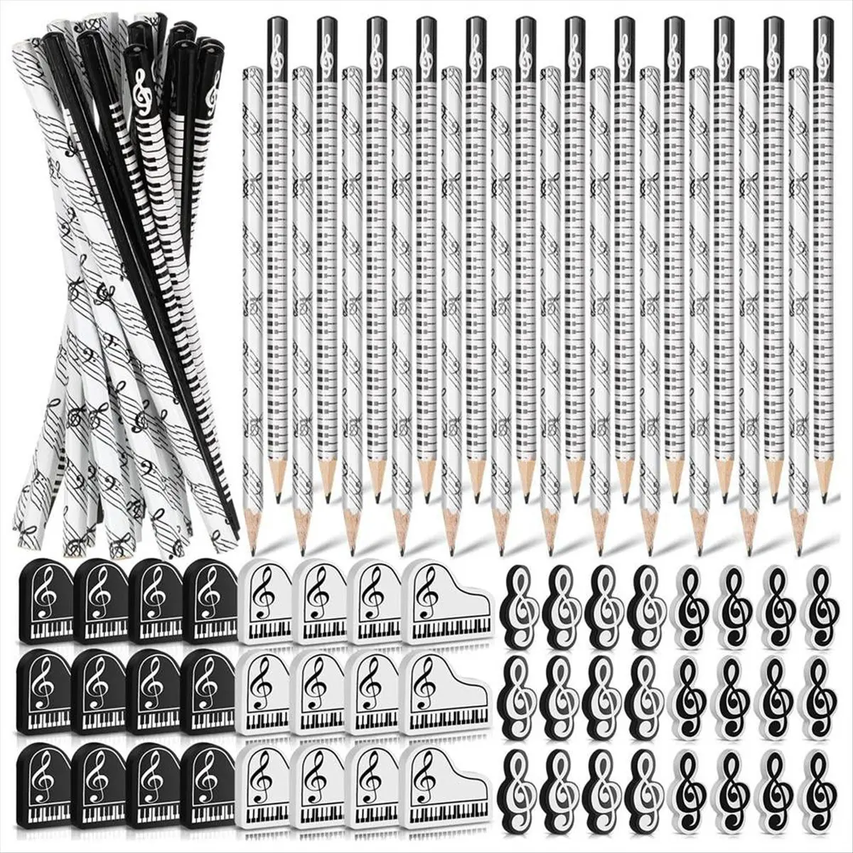 REST Music Pencils Music Note Pencil with Music Themed Erasers Wood Pencils Bulk Keyboard Fun Pencils Erasers Gift (96 Pcs)