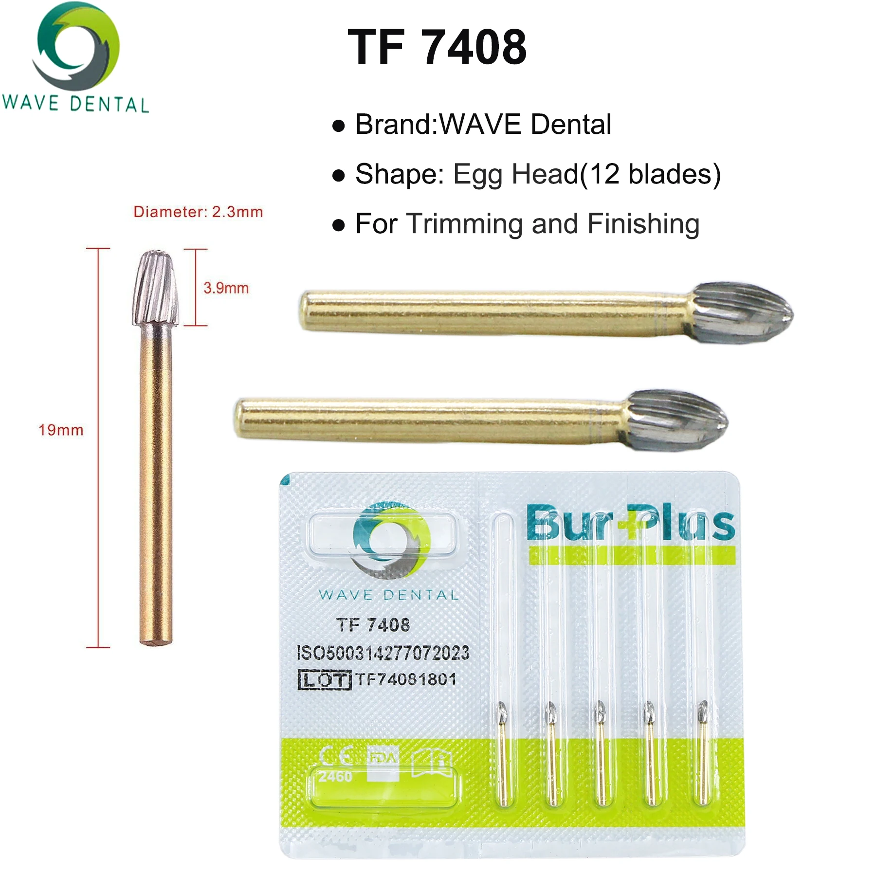 WAVE Dental Burs Tungsten Carbide Burs Gold Plated Trimming and Finishing 12 Bladed T Series For High Speed Handpiece 5pcs/Pack