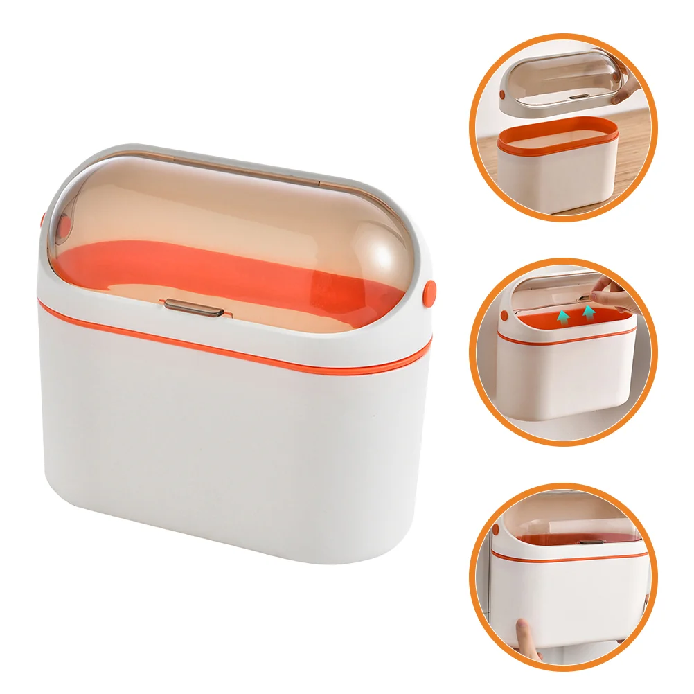 

Mini Desktop Trash Can Garbage with Lid Hanging Household Office Cans Orange Waste Bin