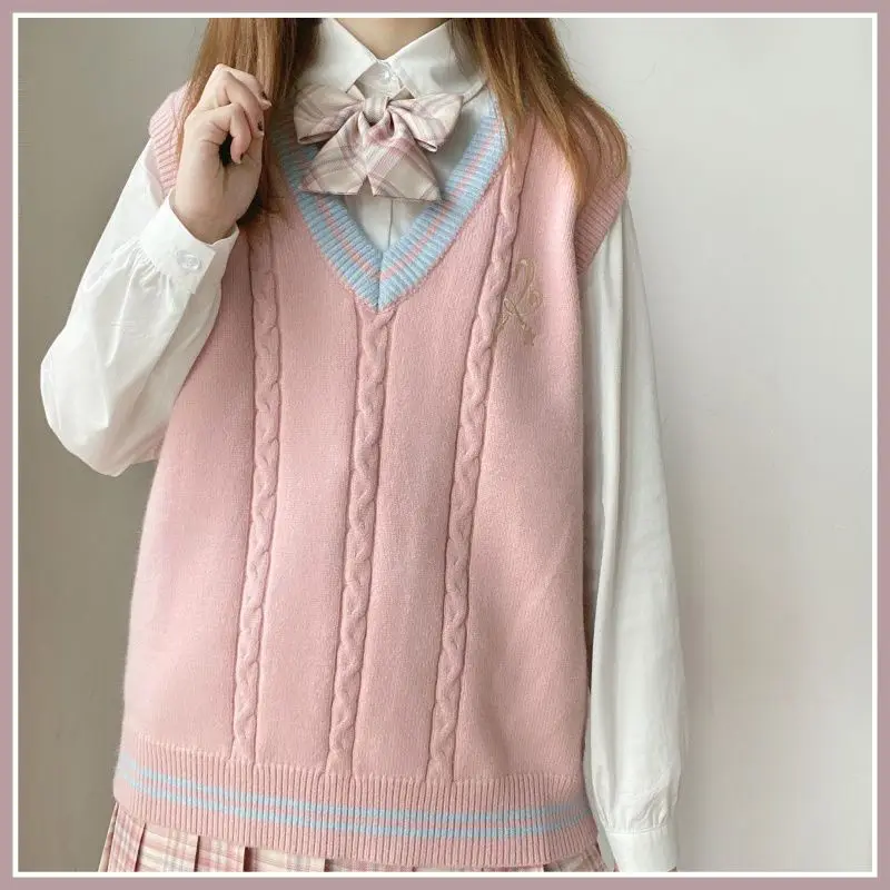 V-neck knitted vest sweater, women's casual sleeveless loose sweater vest, anime JK vest pullover perfect for autumn and winter