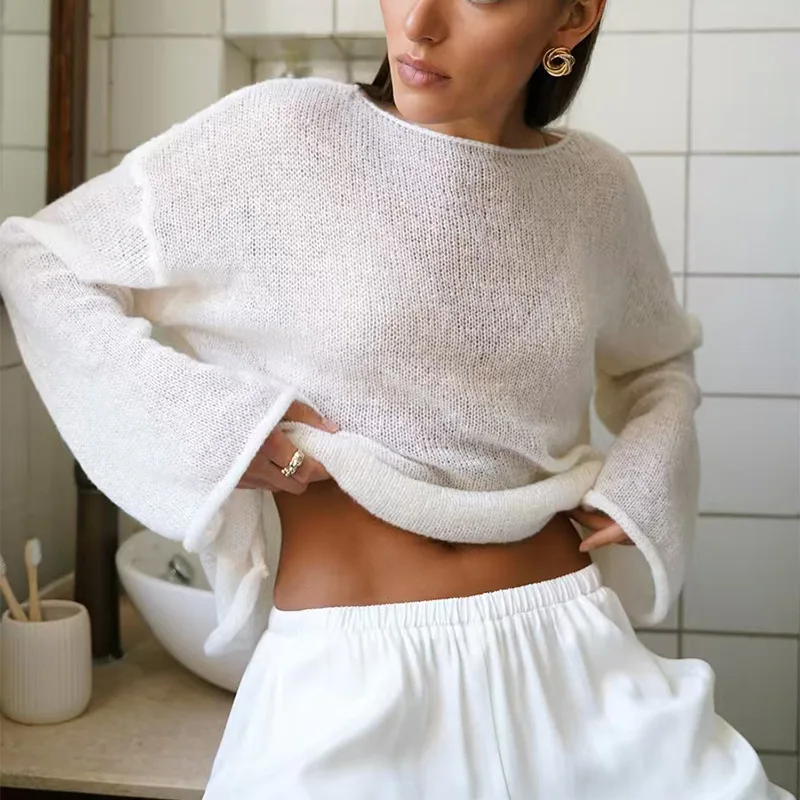 

Sheer Mesh Knit Sweater Oversized Boat Neck Long Sleeve Tops for Woman Spring Summer Casual Layering Shirts & Blouses