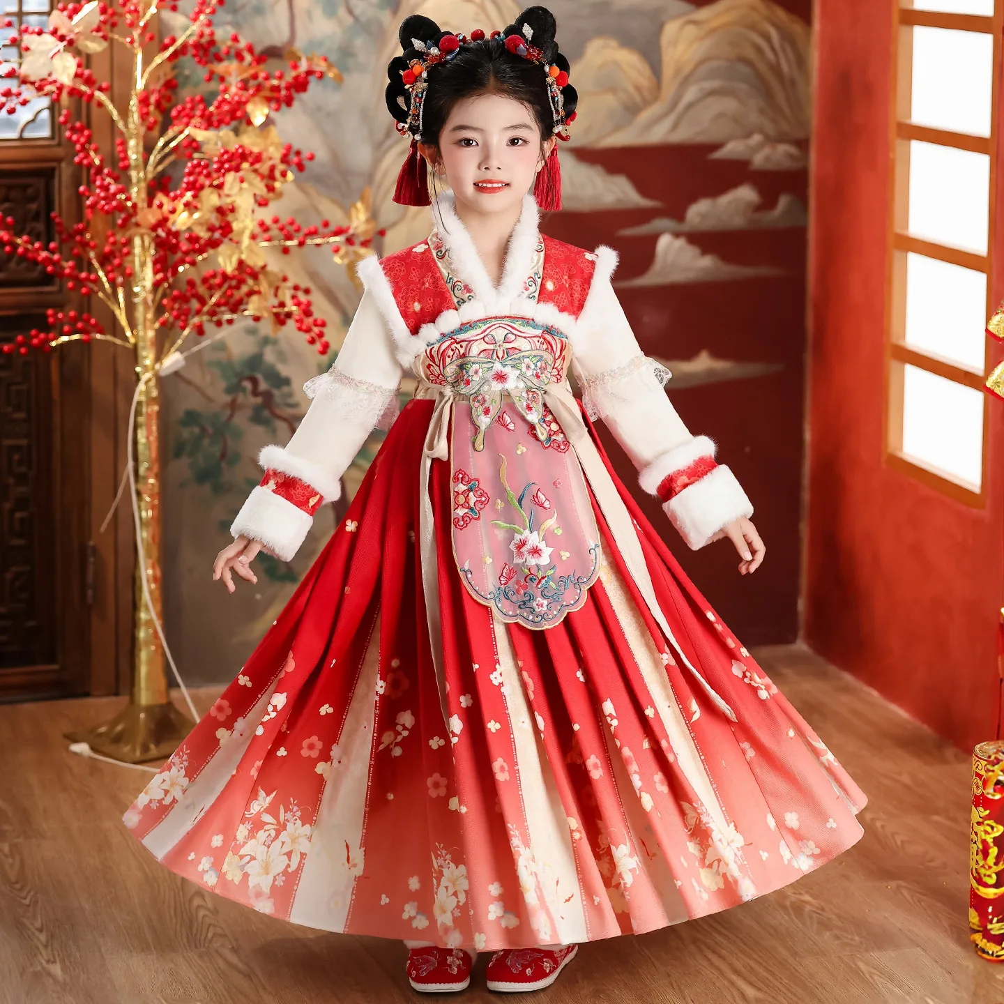 

Новое китайское платье-ханьфу 2026 года, костюм Тан для девочек, наряд для китайской свадьбы, вечерний костюм, детская красная одежда для китайского Нового года