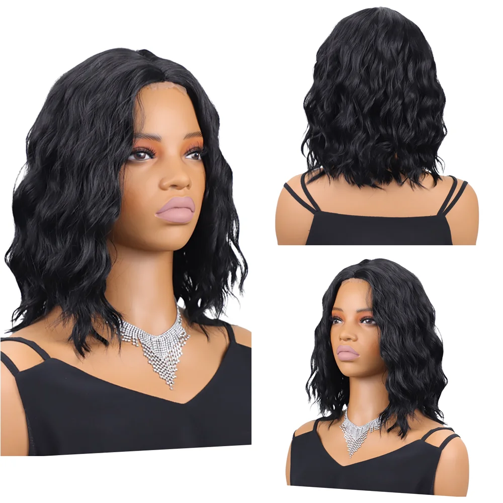 Black Short Wavy T Part Lace Wigs For Black Women Natural Hairline Heat Resistant Synthetic Bob Wig For Daily Party Cosplay