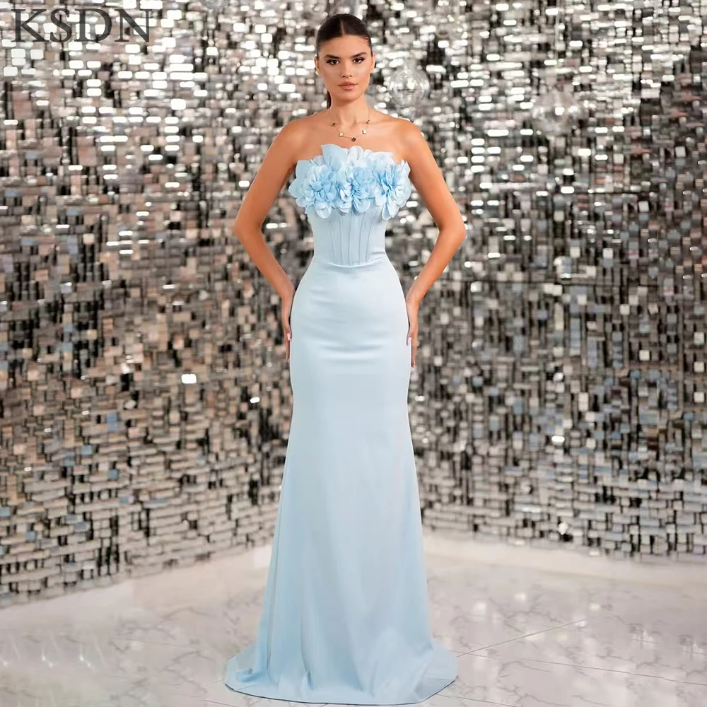 

KSDN Chic Strapless Sleeveless Appliques Light Blue Evening Dresses Formal Sweep Train Satin Women Long Dress Vestidos