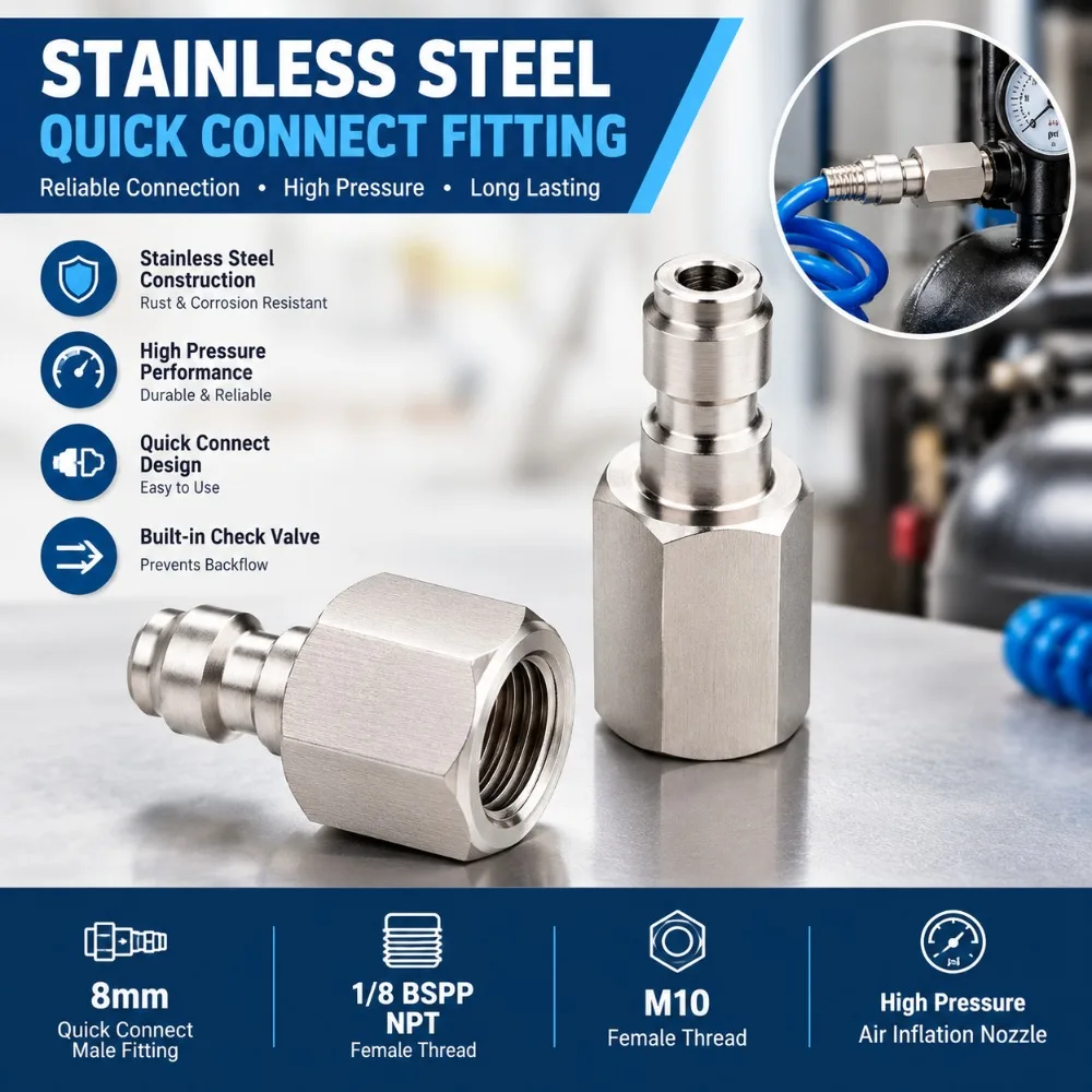 Precision Stainless Steel Quick Connect Fitting Silver 1/8 BSPP Thread Air Inflation Nozzle Male Thread Connector Air Compressor