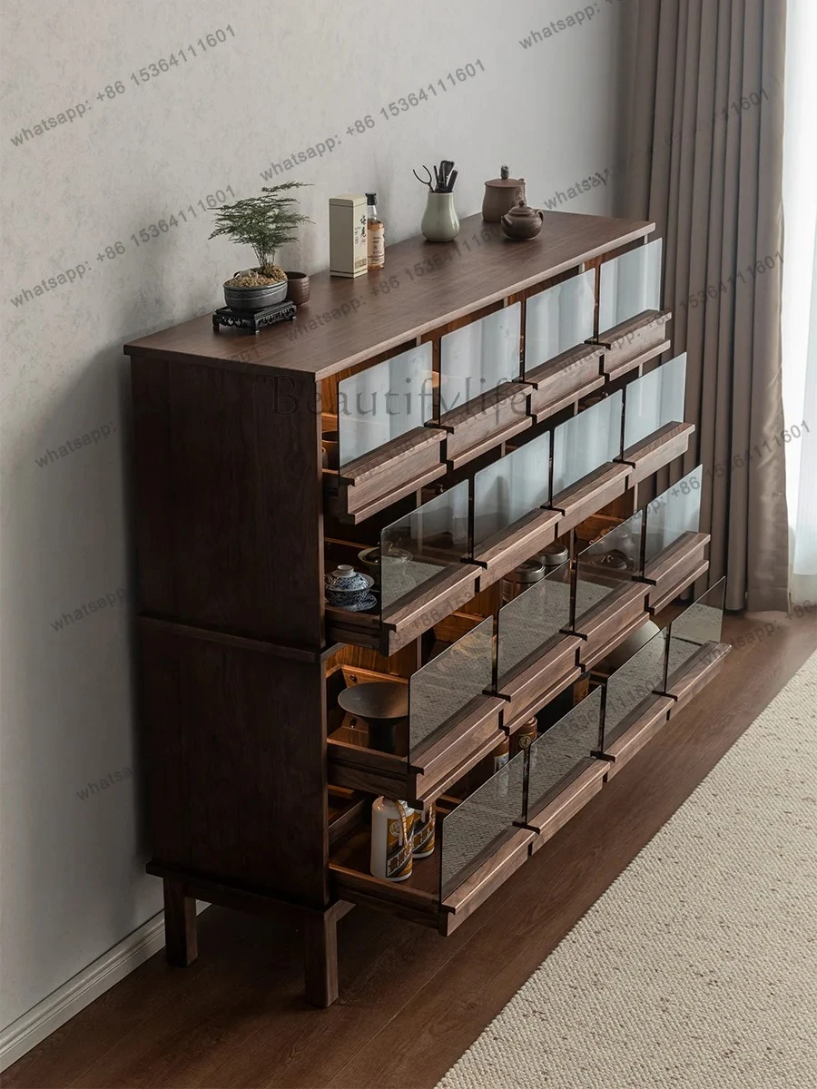North American black walnut solid wood bogu frame figure Wenwan tea set storage glass display chest