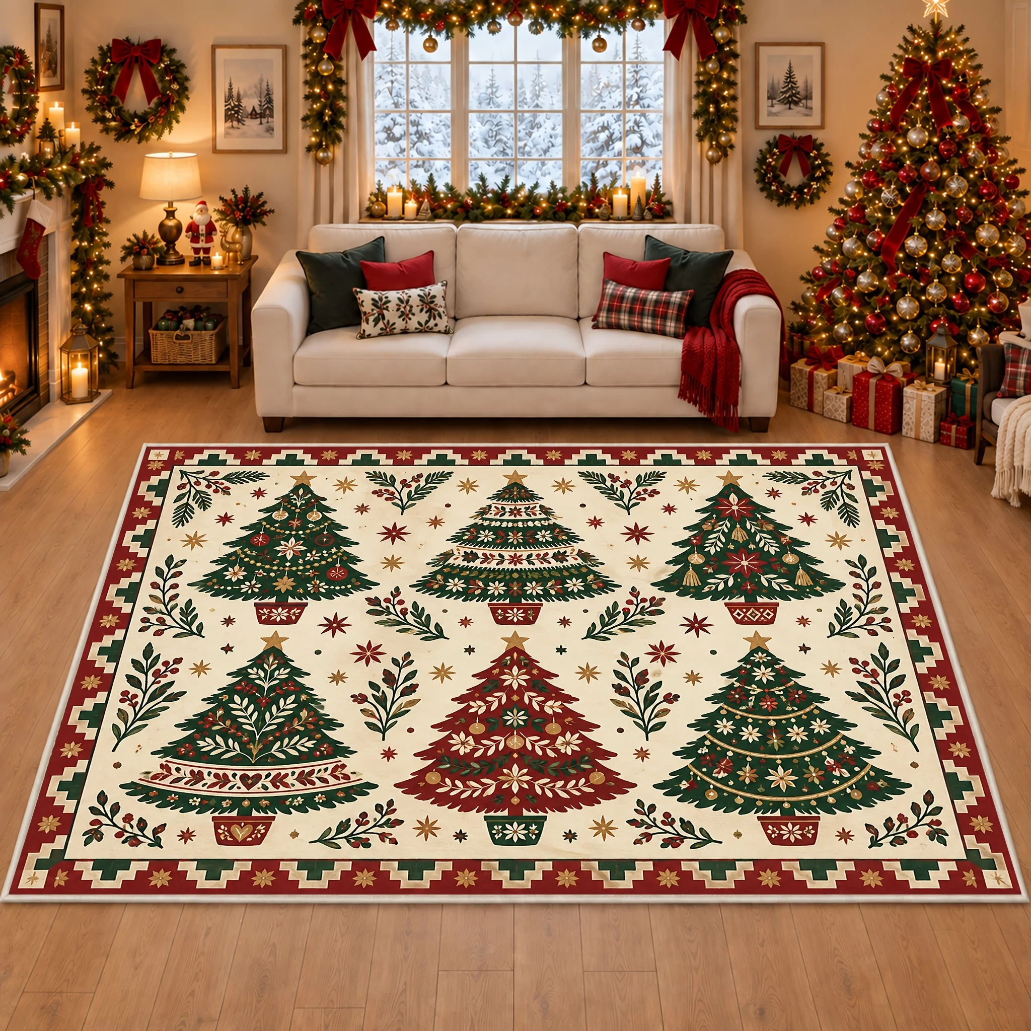 1pc Christmas Folk Art Xmas Tree Printed Area Rug, 2D Flat Print, Indoor Floor Mat for Living Room, Xmas Home Decor