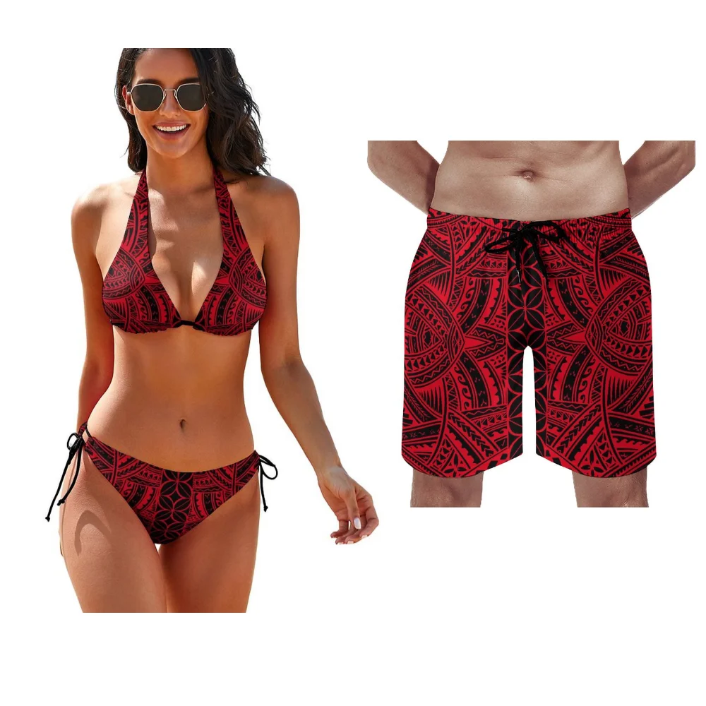 Aanpasbare Polynesische paar set dames bikini heren trunks tropische ontsnapping strand badmode jaar rond klaar
