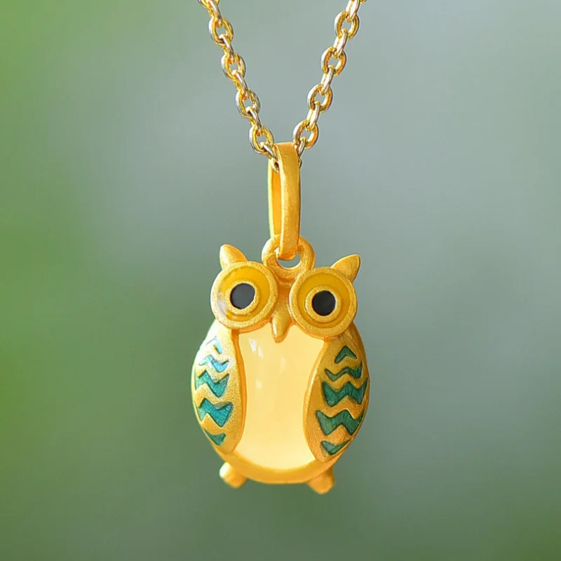 

Personalized Gift for Girlfriend Fashion Commuting 925 Silver Gold Plated Cold Enamel Owl Hetian Jade Pendant Necklace