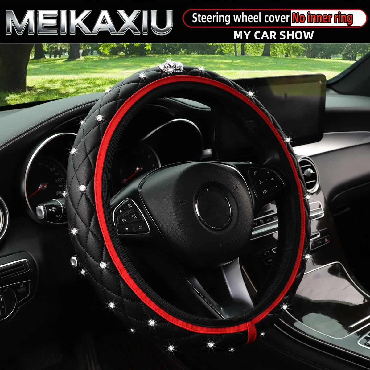 Diamond-Encrusted PU Leather Crown Steering Wheel Cover 38cm Blingbling Car Accessory for Women Rimless 15 Inch Decorative Item