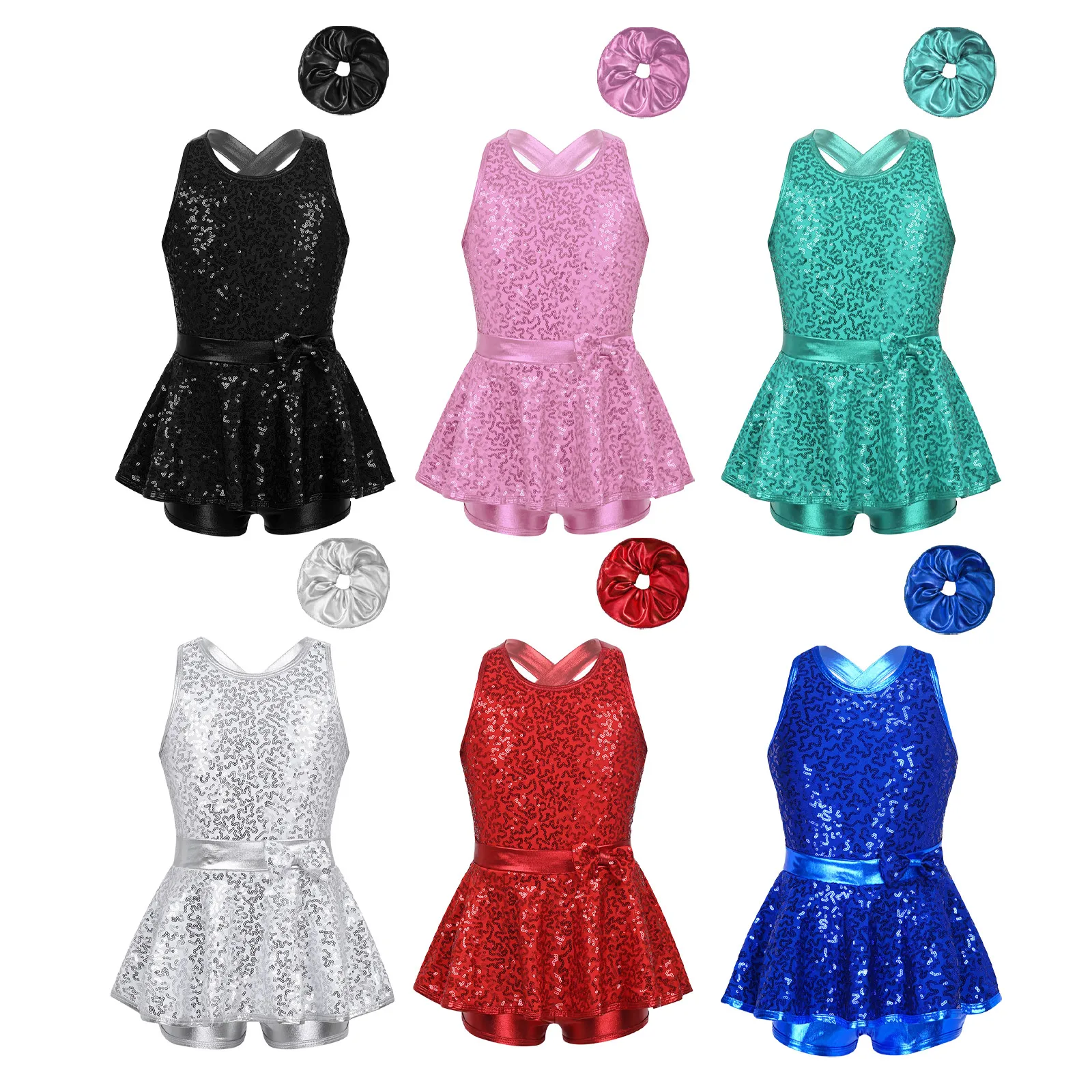 Kids Girls Jazz Dance Performance Costume Ballet Leotard Dress Shiny Sequined Sleeveless Criss Cross Back Bowknot Leotard Outfit