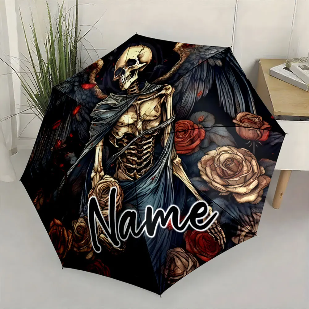 Custom Name Skeleton Angel and Floral Design Umbrella 8 Iron Ribs Folding Umbrella Auto-Open Fashionable Sunshade Deluxe Gift