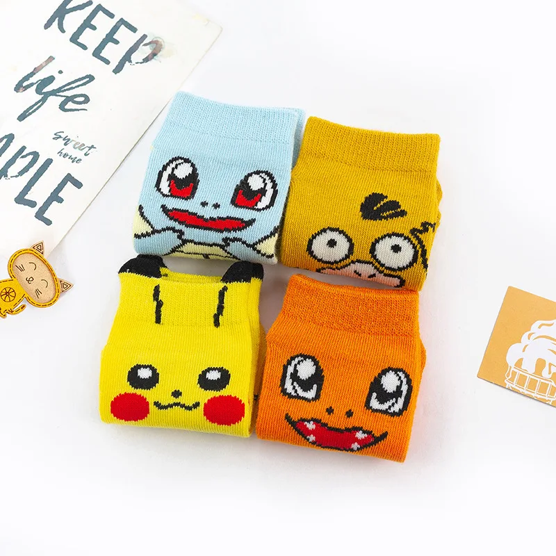 4pcs/Anime Pokemon Socks Pikachu Psyduck Girls Cotton Sock Kawaii Cartoon Figures Warm Autumn Soft Children Cosplay Short Socks