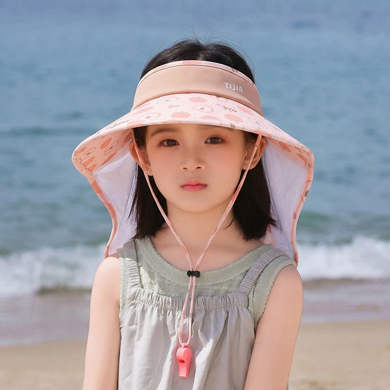 Children's hats-Summer outdoor wide-brimmed sun protection shade hat Sweet and adorable ice silk shawl with a flat top 2