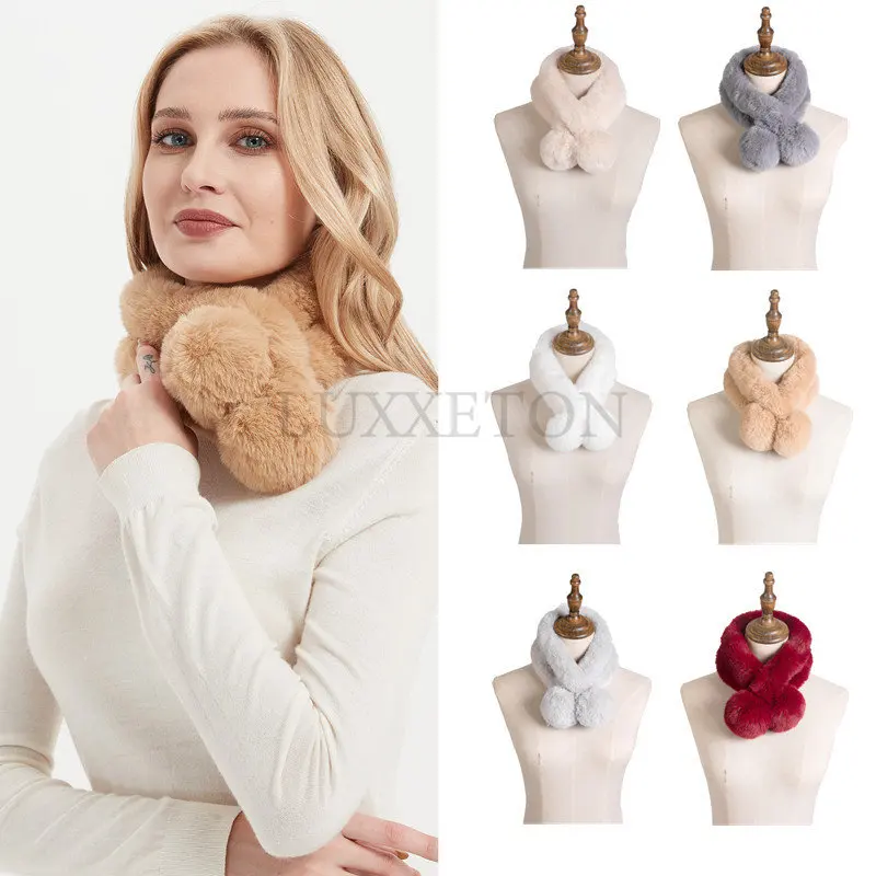 Winter Outdoor Plush Rabbit Fur Short Scarves Women and Girls Keep Warmer Neckerchief Fake Collar Shawls 70cm*10cm