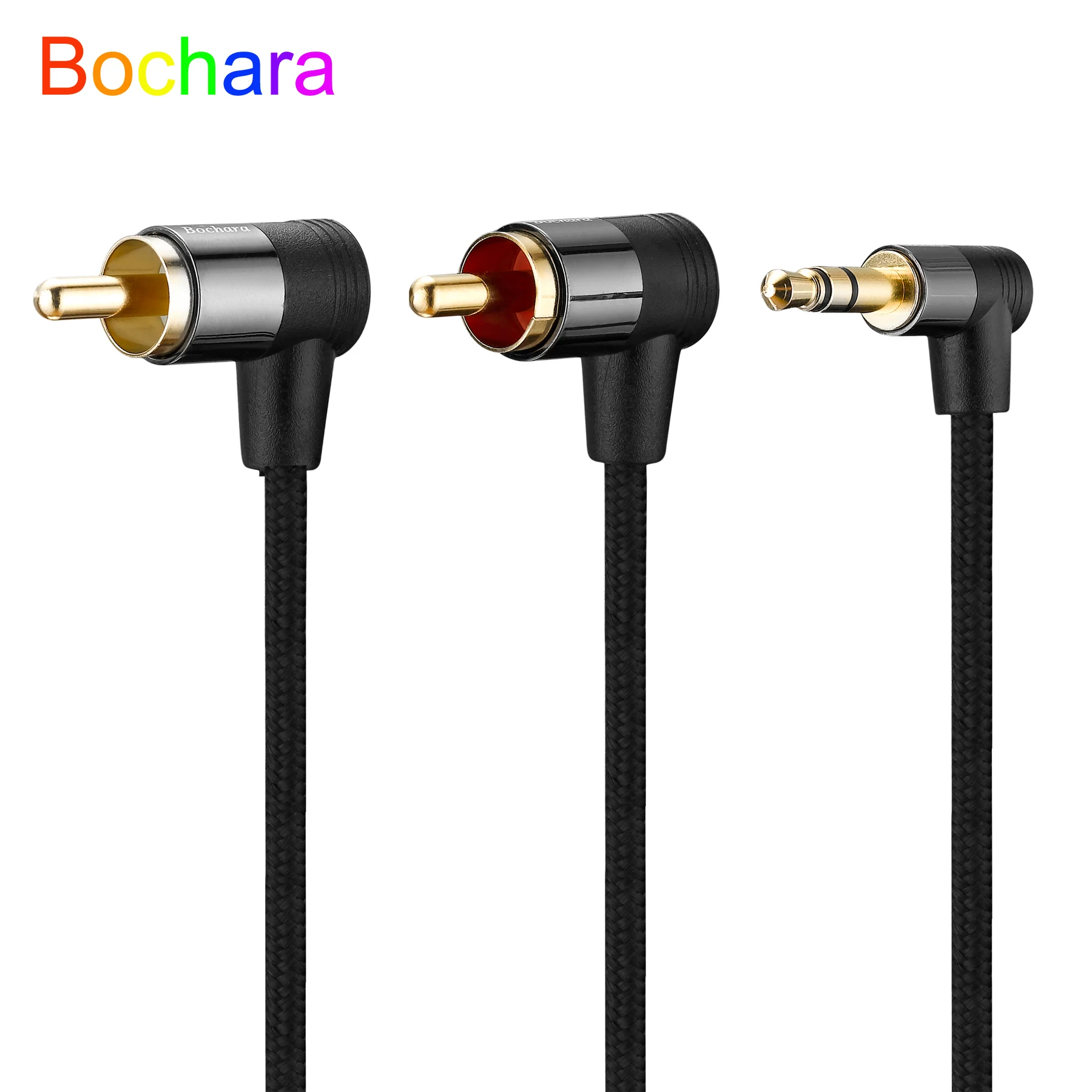 Bochara-cable de Audio trenzado chapado en oro de 90 grados, conector de 3,5mm a 2RCA OFC para altavoces, mezclador amplificador, 1,8 m, 3m, 5m, 10m