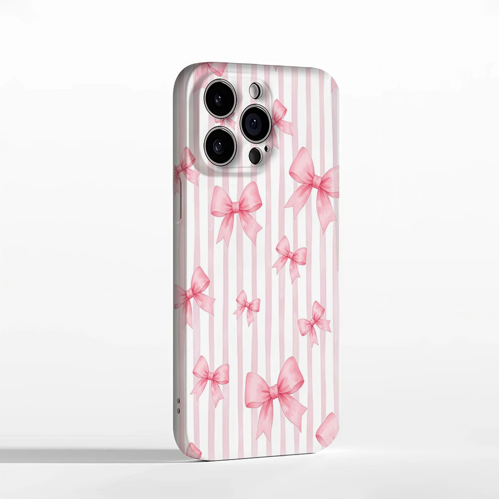 حافظة لهاتف آيفون 17 بنمط مخطط بفيونكة وردية يجب اقتناؤها لهاتف آيفون 17 16 15 14 13 12 برو ماكس بلس غطاء خلفي مزدوج الطبقة