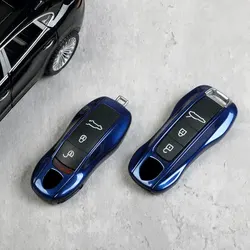 Car Key Case Gentian Blue for Porsche Macan 911 718 Panamera Cayenne Taycan Boxster Remote Fob Replace Car Accessories 3pcs/set