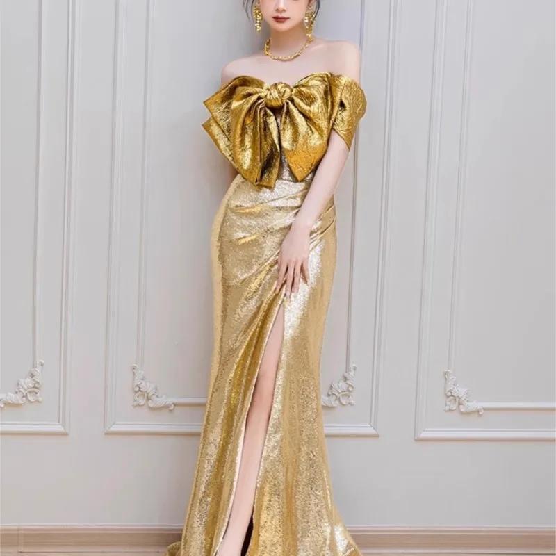 Gold morning gown light luxury small breast toasting banquet fishtail host dress