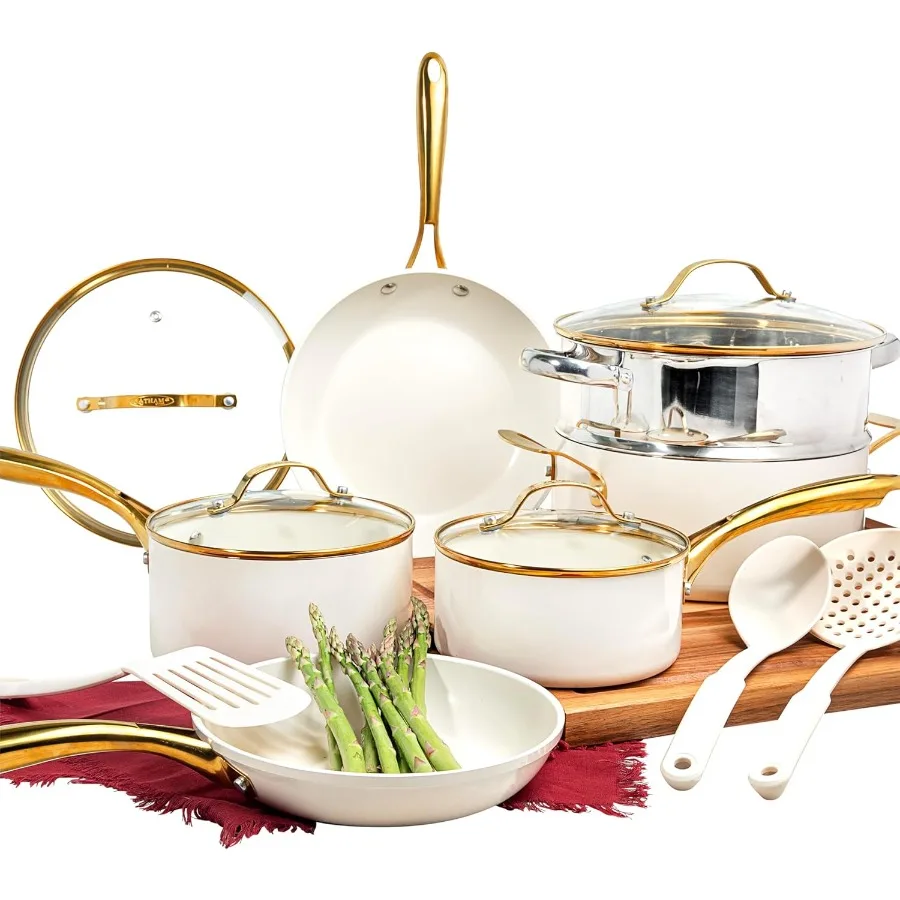 

Набор керамической посуды, 15 шт., набор керамических кастрюль и сковород с антипригарным покрытием, кухонная утварь и пароваркой, нетоксичный PFOA PFOS Free Premi