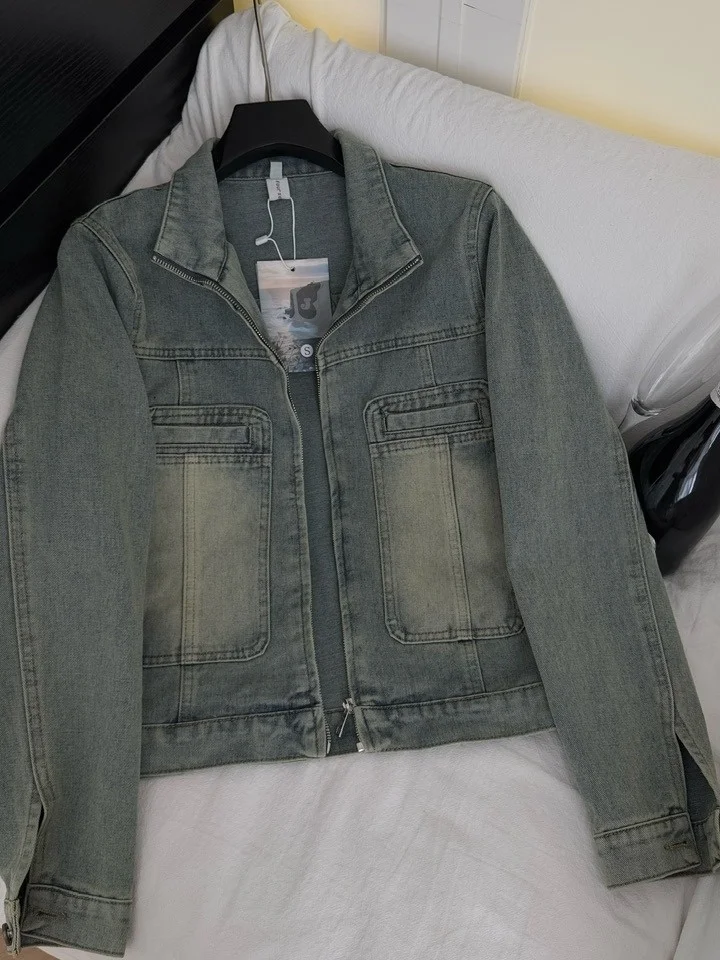 

Корейский винтажный джинсовый джинсовый тюнер, женский свободный утягивающий повседневный топ Lazy Sle на осень 2024, полиэфирное волокно