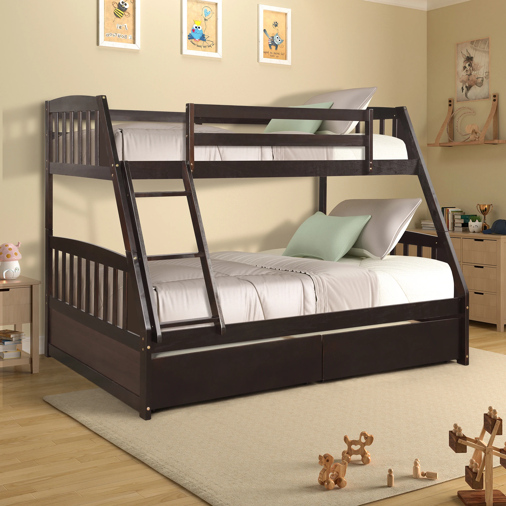 

Solid Wood Twin Over Full Bunk Bed with Two Storage Drawers, Espresso