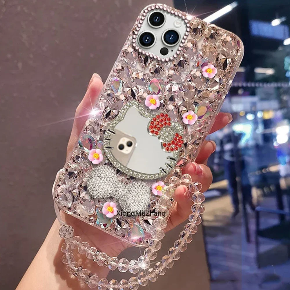 

Cartoon Sanrio Hello Kitty Bowknot Makeup Mirror Flower Diamond Case for Iphone 16 Pro 15 14 13 12 11 Pro Max Bling Custom Cover