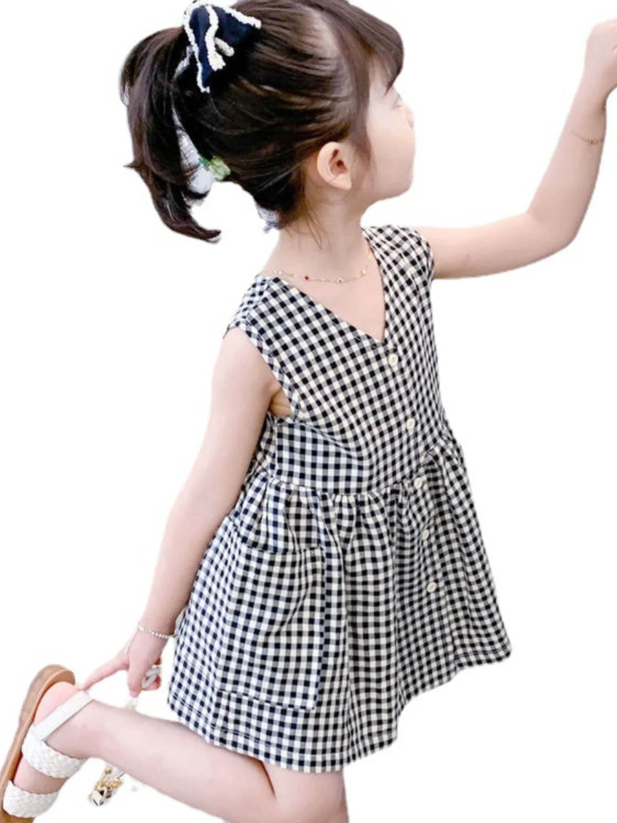 여름 체크무늬 스트랩 드레스 캐주얼 슬리브리스 여아용 앞뒤 착용 가능 패셔너블한 면 혼방 얇은 소재 노슬리브