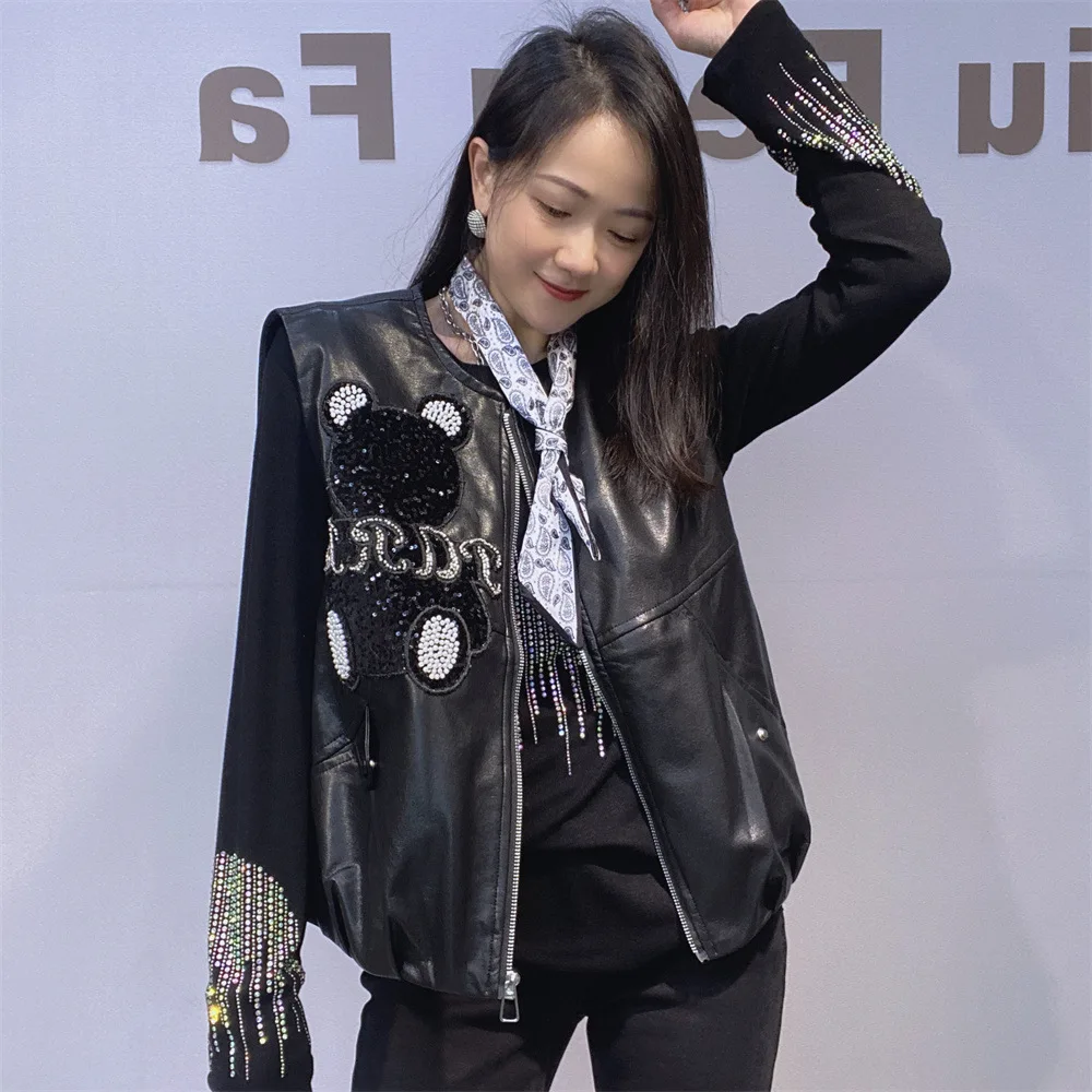 American Street Vintage Gilet in pelle PU Cappotto All-match Autunno Giacca senza maniche Perline Orso Diamanti O-Collo Cappotto in ecopelle