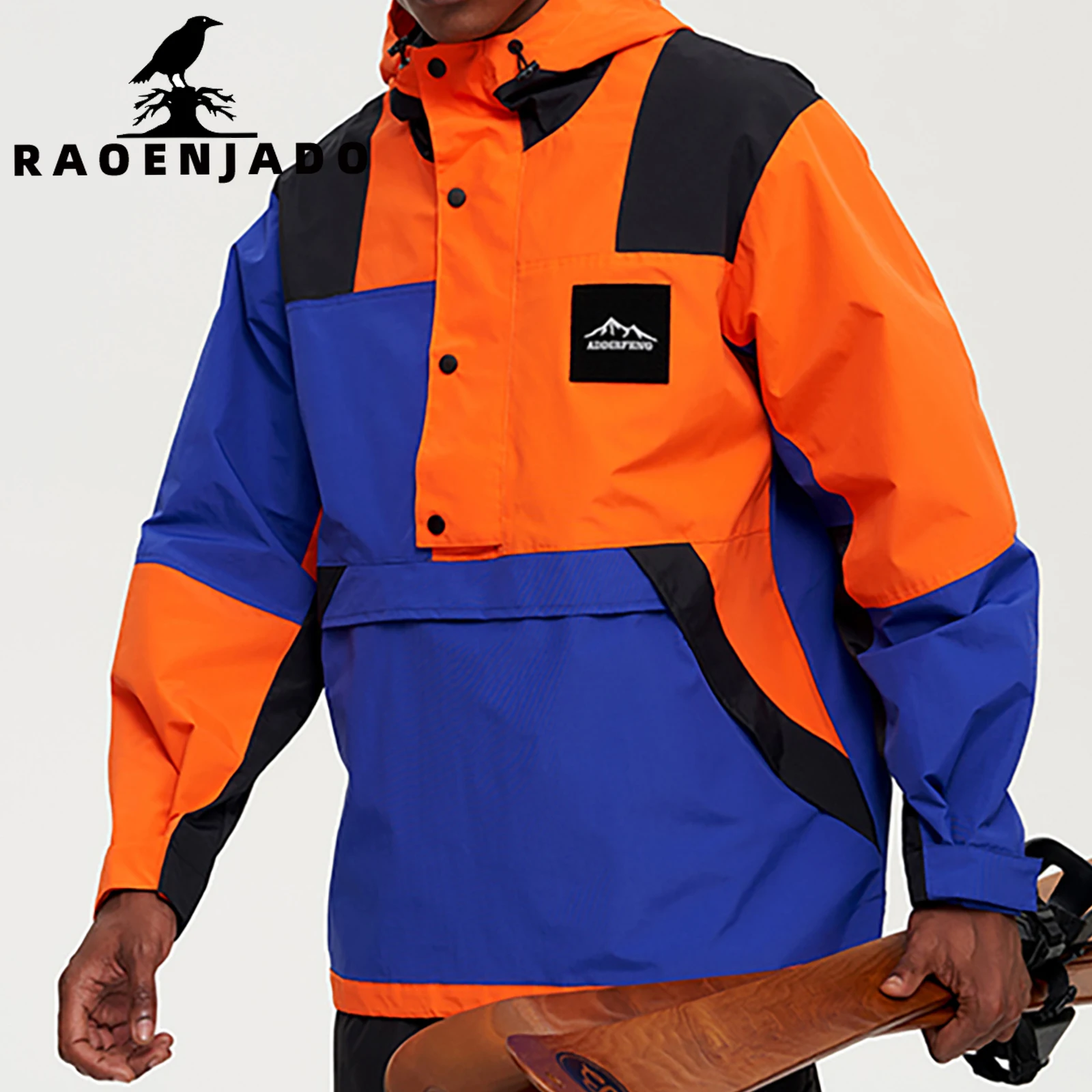 Men's Casual Hooded Jacket Half-Zip Windbreaker Coat Colorblock Waterproof Streetwear Sportswear with Adjustable Hood
