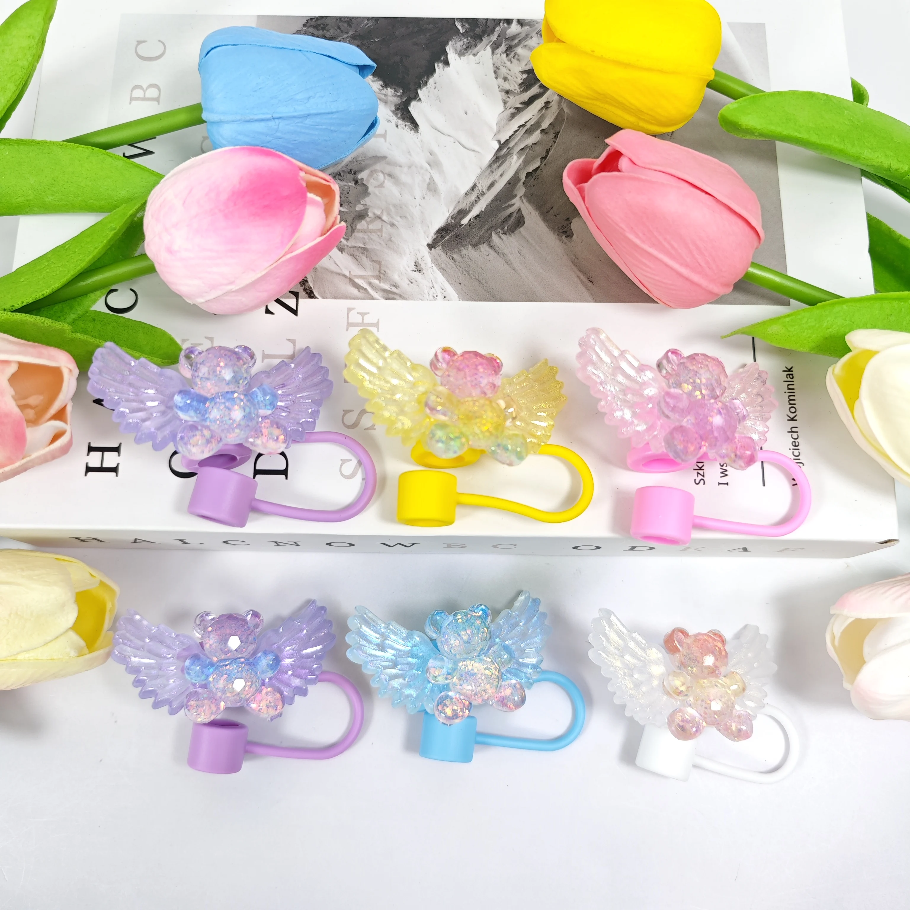 

New Silicone Cute And Transparent Little Bear Angel Wing Series Straw Cover Dust Cap