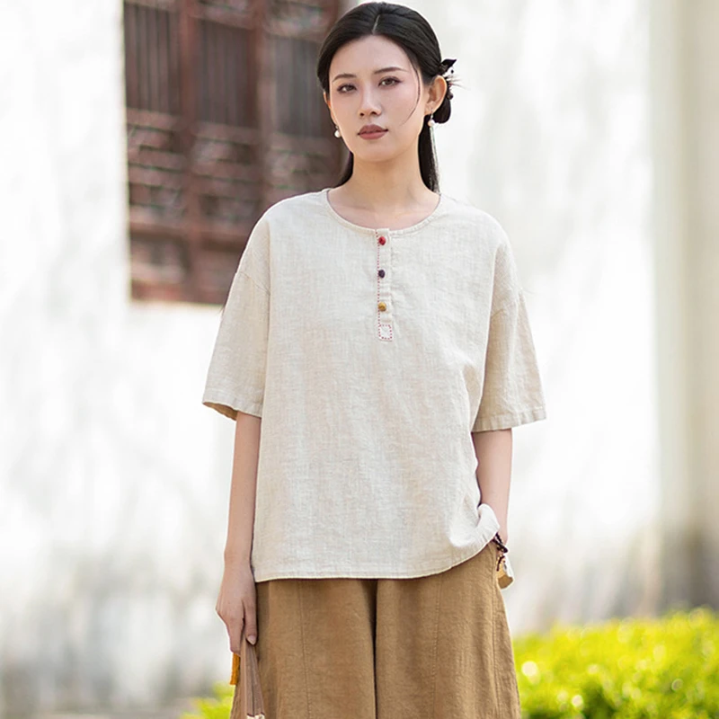 Women Cotton Linen Casual T-shirt New 2026 Summer Vintage Style O-neck Solid Color Loose Female Short Sleeve Tops Tees M2674
