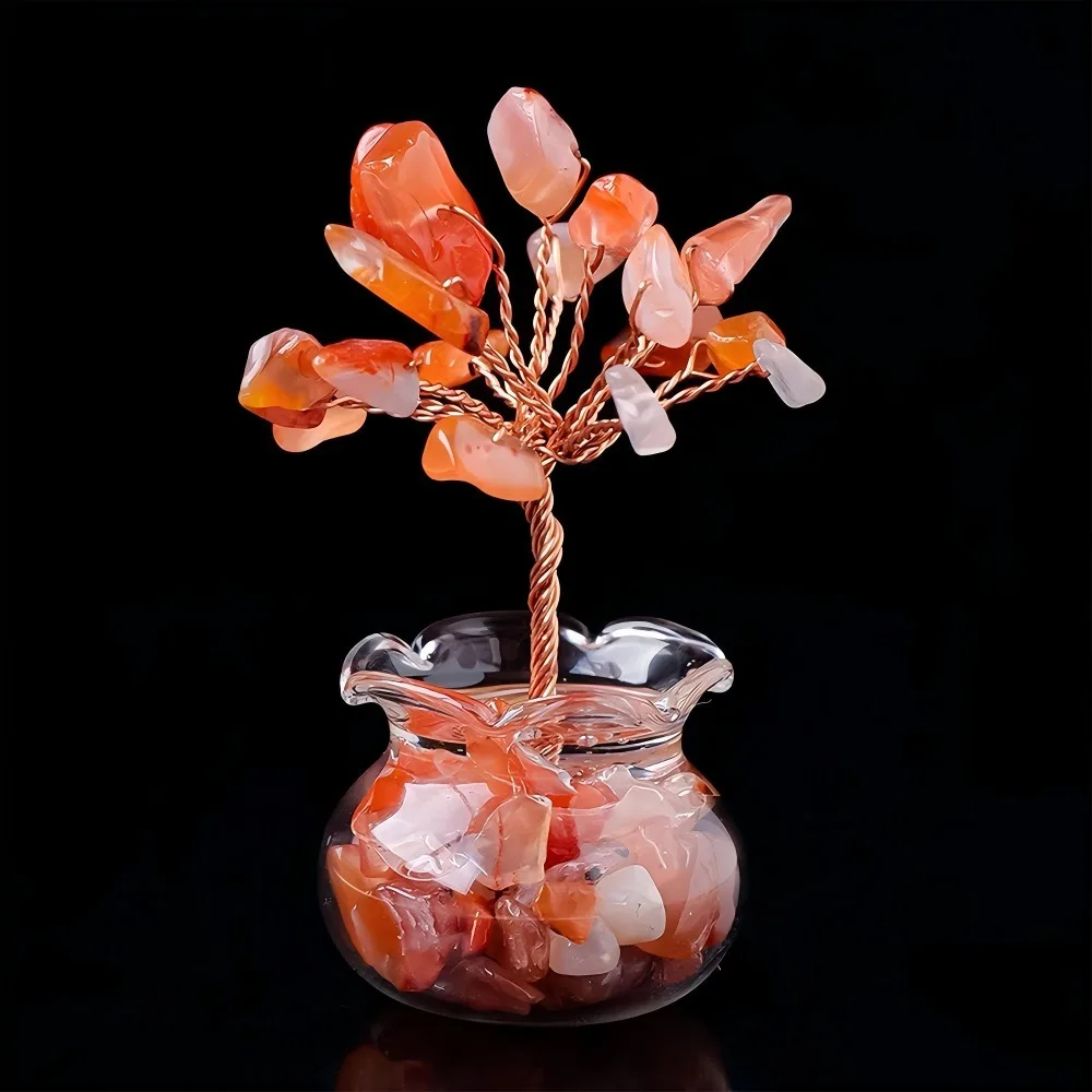 One crystal tree ornament, with a gemstone tree paired with copper-colored metal wire branches and a clear bottle, suitable as a mini decoration for home, office, desk, shelves, and bedside tables, also a gift for women.