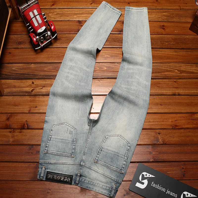 High end summer slim jeans for men, slim fit with small feet, washed with retro printing, trendy and fashionable long pants