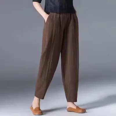 Cotton Linen Harem Pants Women Summer Nine Points Loose Thin Elastic Waist Wide Leg Pants Artistic Versatile Casual Pants