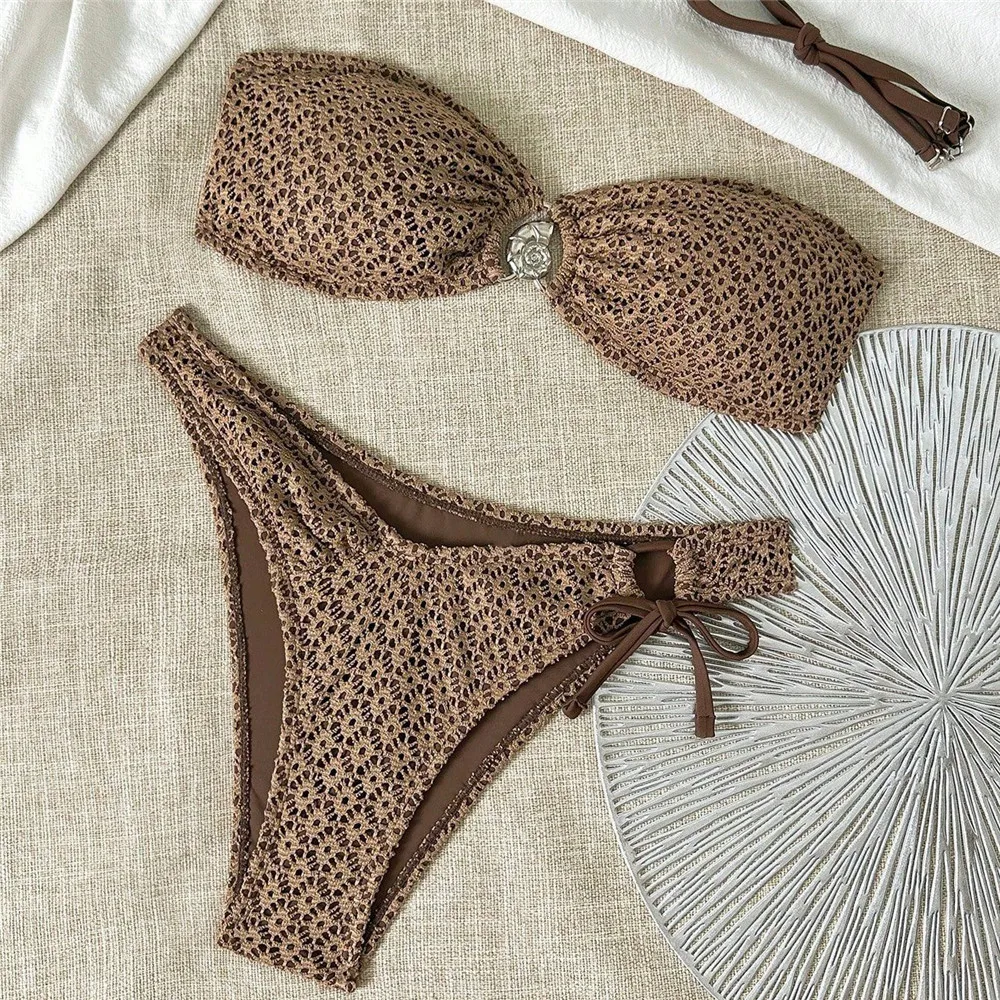 

Темно-коричневый купальник-бикини с цветочным сетчатым узором и металлическими ракушками, однотонный, бразильский стиль, комплект 2026 года для женщин