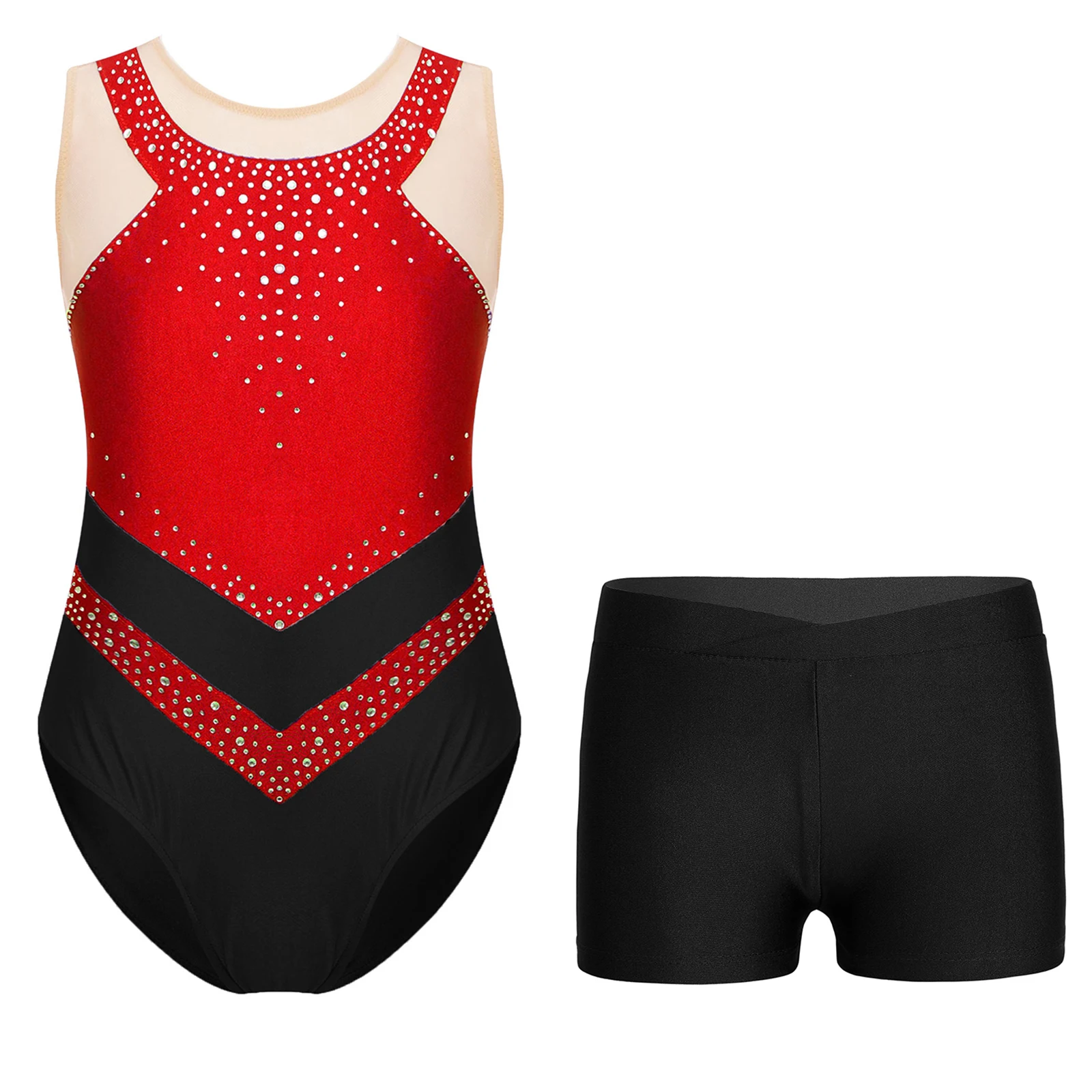 

Kids Girls Gymnastics Leotard Stage Performance Costume Outfit Sheer Mesh Patchwork Sleeveless Bodysuit+Shorts Ballet Dancewear