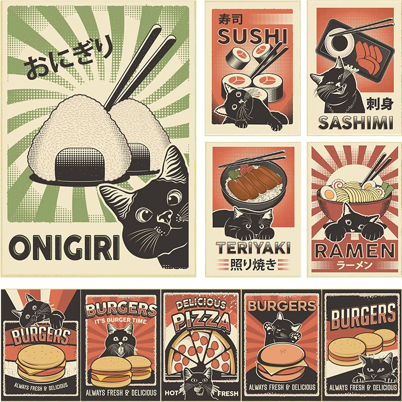 Japan Essen Sushi Ramen Sashimi Teriyaki lustige schwarze Katze Poster niedlichen Tier köstliche Leinwand Malerei Wand kunst Küche Zimmer Dekor