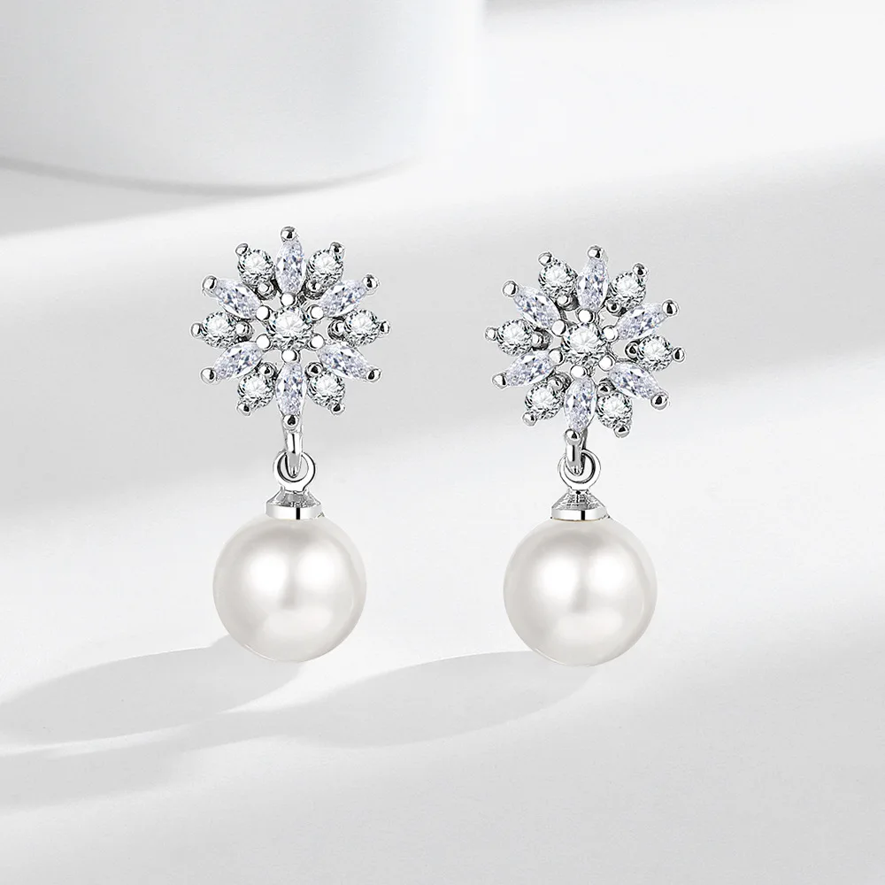 

925 Sterling Silver Snowflake Zircon Pearl Drop Earrings Dangle Studs for Women Wedding Party Jewelry Gift