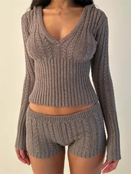 Chic 2 Piece Set Women Twist V Neck Cropped Sweater and Mini Shorts Sets Y2K Aesthetic Casual Knit Pullovers Short Pant Suit