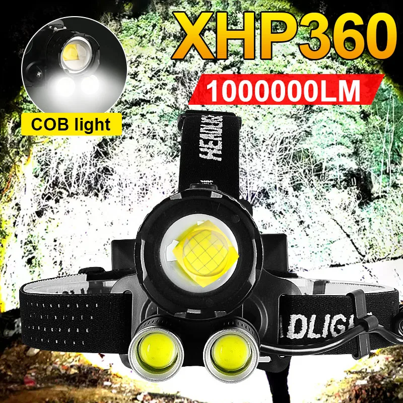 1000000LM Powerful XHP360 LED Headlamp Headlight Type-c Rechargeable Head Flashlight High Power Head Lamp Fishing Lantern