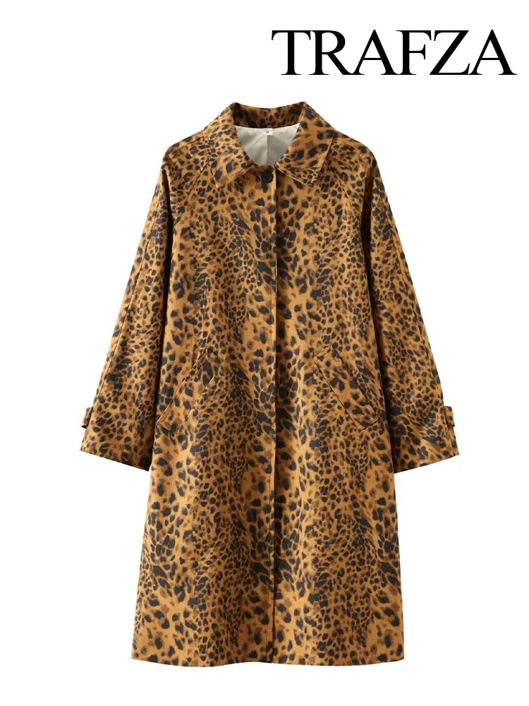 TRAFZA Spring Retro Leopard Lapel Women\'s Jacket Street Coat Chic Long Sleeve Hidden Button Pocket Loose Women\'s Slim Coat TRAF