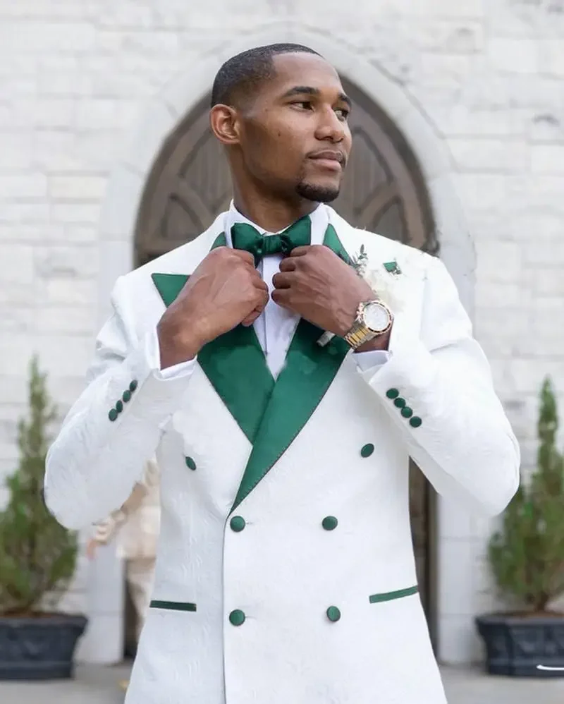 

Men wedding Suits Design Tailor Made White Pants Floral Slim Fit Purple Lapel Double Breasted Blazer Groom Wedding Dress Tuxedo