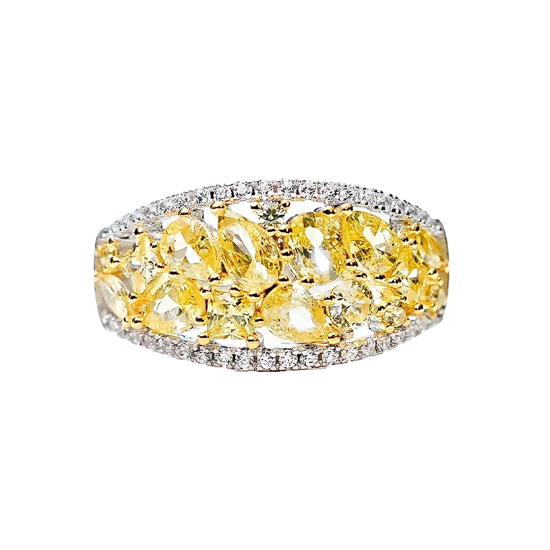 New Group Inlaid Thick Color Yellow Two tone Irregular Yellow Diamond Row Diamond Ring 925 Pure Silver Gold Plated High Carbon