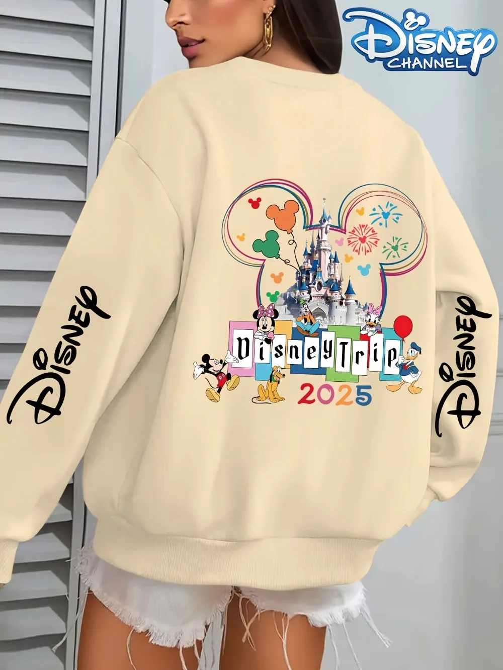 ディズニーランド パリ 2025 プリントの女性用居心地の良いフリース スウェットシャツ カジュアル クルーネック 長袖 グラフィック 秋/冬に最適