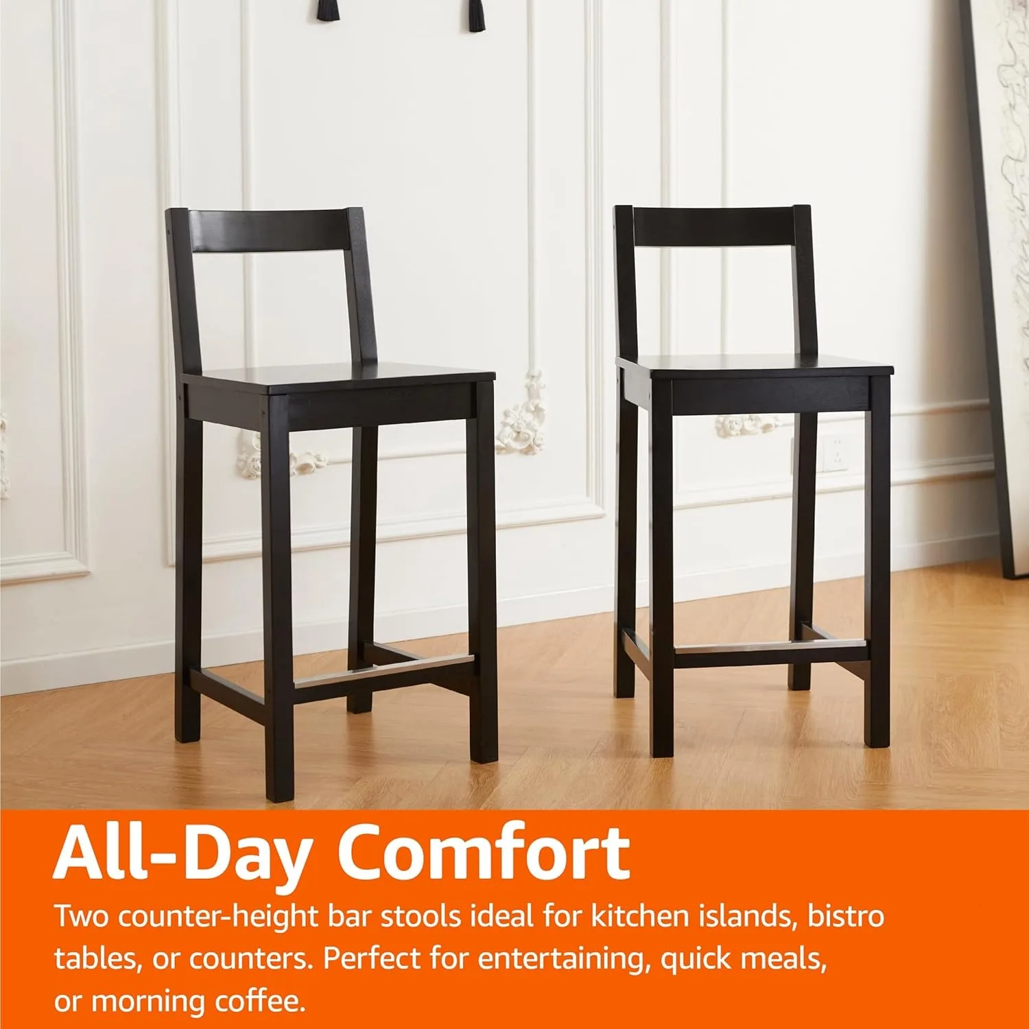 Black 24 Inch Wood Bar Stools 2-Pack, with Backrest - Sturdy & Smooth Seating for Kitchen Island