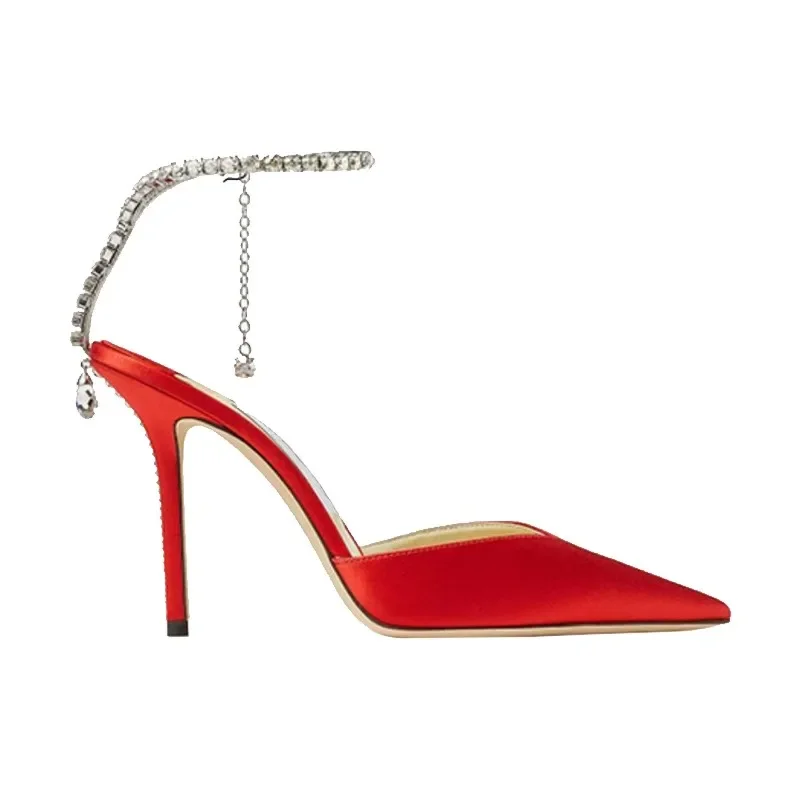 2024Summer New Sexy and playful Pointed V-necked Rhinestone High Heels, Thin Heels, Baotou, One Button Sandals, Female