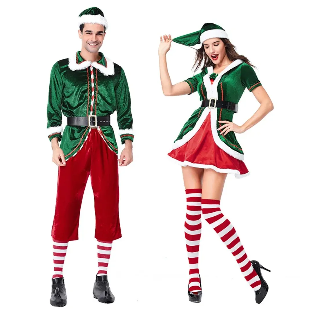 

Women Men Christmas Cosplay Costume Elf Party Couple Waistbelt with Hat Fancy Dress Suits Stage Performance Outfits